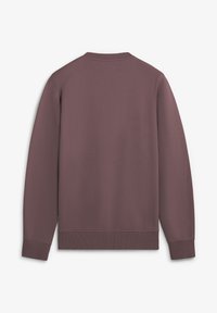 Pulover bordo cu manșete lungi, cu manșete ribbate și guler rotund. Textură de țesătură netedă, design minimalist și fără logo-uri vizibile.