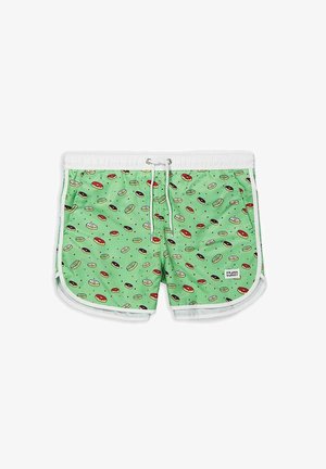 Pantaloni da bagno verdi realizzati in materiale leggero, con una stampa di ciambelle giocosa. Laccio e bordi bianchi; tasche laterali incluse.