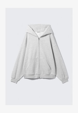 Gray zip-up hoodie, made of soft fabric, features a large hood, long sleeves, and front pockets. Relaxed fit with ribbed cuffs and hem.
