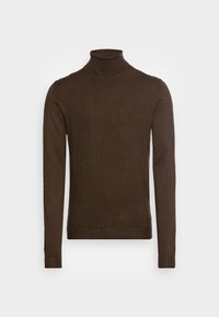 Maglione a collo alto marrone realizzato in morbido tessuto a maglia. Presenta maniche lunghe, polsini a coste e una silhouette aderente per calore e comfort.