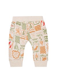 Beige Baumwollhose mit einer Vielzahl von farbenfrohen, geometrischen und von der Natur inspirierten Mustern in Orange, Grün und Rot. Elastischer Bund.