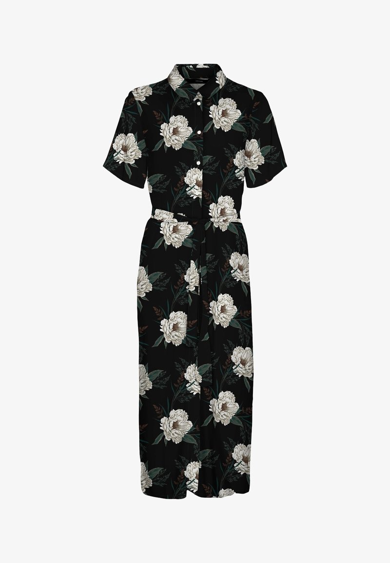 Floral dress with short sleeves, black background, white peony pattern, button front, and a matching belt at the waist.