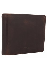 Cartera de cuero marrón con una textura suave, diseño delgado y bordes curvados. Presenta un branding sutil y detalles de costura mínimos.