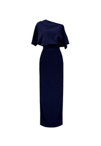 Granatowa sukienka z miękkiego materiału, z asymetrycznym krojem typu off-the-shoulder, dopasowanym w talii i prostym, długim fasonem.