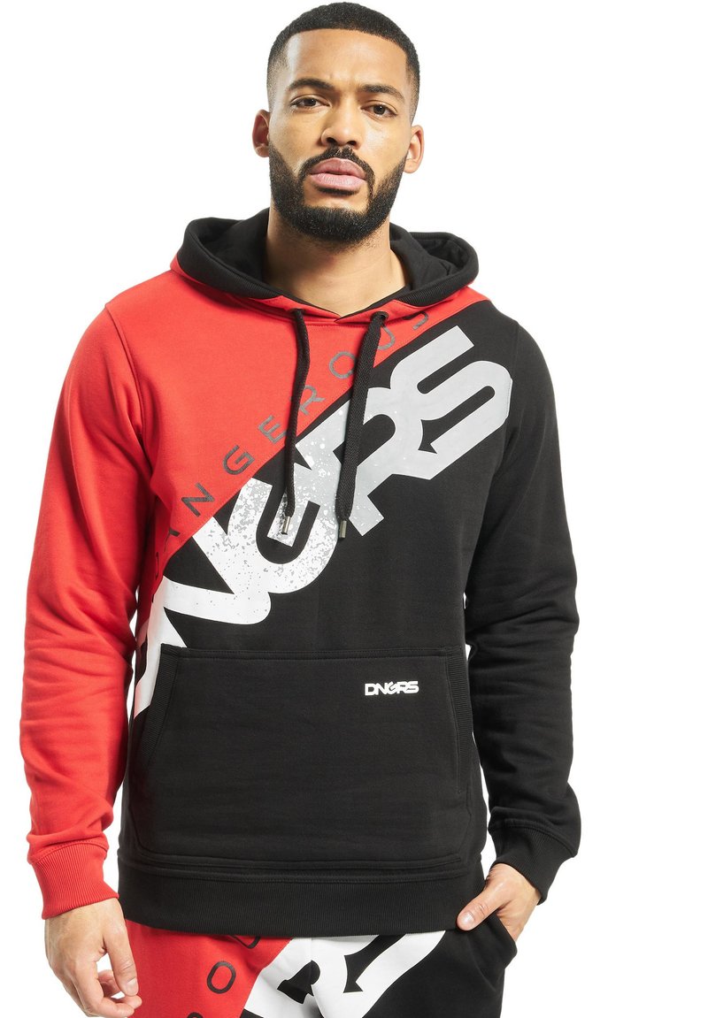 Black and red hoodie featuring a diagonal white logo, drawstring hood, and front pocket. Made of smooth fabric with a textured finish.
