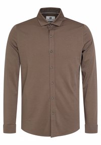 Bruine blouse met lange mouwen gemaakt van een gladde stof, voorzien van een met knopen gesloten voorkant en een klassieke kraag. Inclusief met knopen gesloten manchetten en een gebogen zoom.