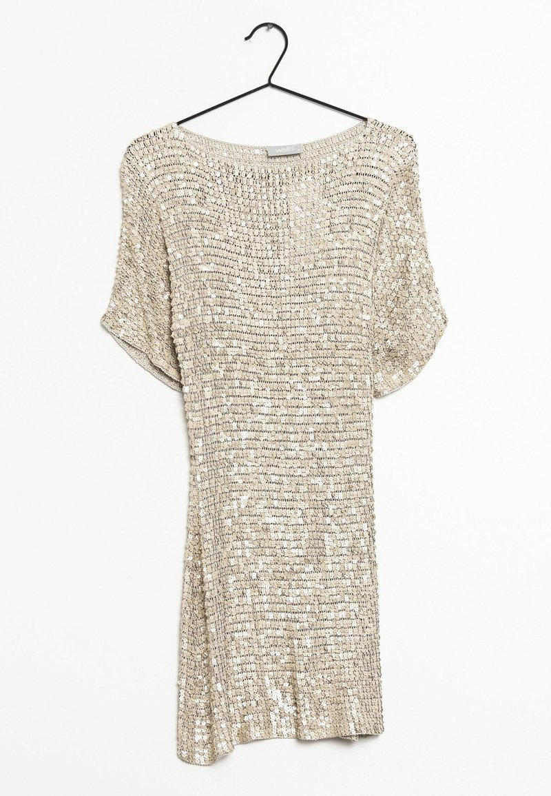 Shimmery gold dress with a loose fit, short sleeves, and a wide neckline. Textured surface covered in sequins. Hangs from a black hook.