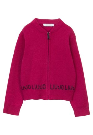 Fuchsia gestrickte Strickjacke mit einem Reißverschluss vorne, gerippten Bündchen und Saum. Mit schwarzem "LIU•JO" Textdesign am unteren Rand. Weicher Stoff.