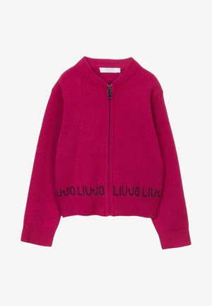 Cárdigan de punto fucsia con cierre frontal, puños y dobladillo de canalé. Presenta un diseño de texto en negro "LIU•JO" en la parte inferior. Textura suave.