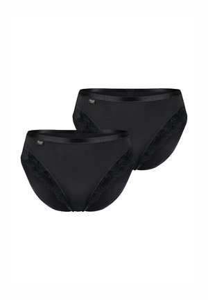 To sorte bikinibunddele til kvinder med blondekant på siderne og et lille mærke med brandnavn på linningen.