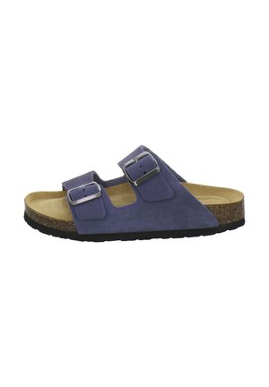Blue suede slide sandal with two adjustable silver buckles, tan cushioned footbed, cork midsole, and black rubber outsole.
