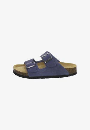 Blue suede slide sandal with two adjustable silver buckles, tan cushioned footbed, cork midsole, and black rubber outsole.