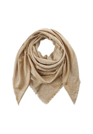Foulard triangulaire beige avec des motifs géométriques et floraux embossés subtils, tissu doux et bords frangés, plié en forme circulaire.