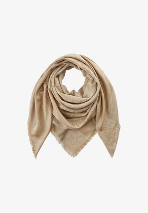 Foulard triangulaire beige avec des motifs géométriques et floraux embossés subtils, tissu doux et bords frangés, plié en forme circulaire.