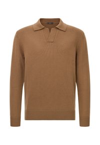 Brauner Pullover mit geripptem Texture, kurzem Kragen und langen Ärmeln. Hat eine lässige Passform und ein leichtes Strickdesign.