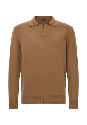 Suéter marrón con textura acanalada, cuello corto y manga larga. Presenta un corte relajado y un diseño de punto ligero.