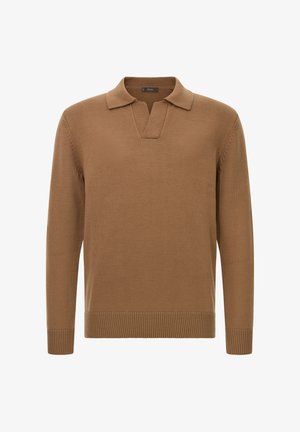 Pullover marrone con texture a coste, colletto corto e maniche lunghe. Presenta una vestibilità rilassata e un design in maglia leggera.