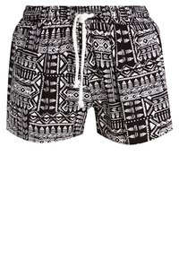 Shorts de bain à motifs noirs et blancs avec une taille à cordon, deux poches latérales et des dessins tribaux géométriques sur le tissu.