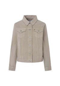 Giacca in denim beige con colletto classico, chiusura frontale con bottoni, due tasche sul petto e tasche laterali. Presenta un tessuto texture.