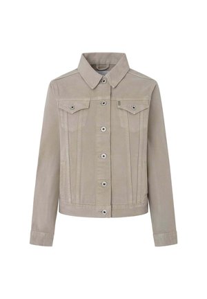 Giacca in denim beige con colletto classico, chiusura frontale con bottoni, due tasche sul petto e tasche laterali. Presenta un tessuto texture.