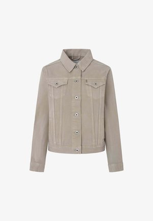 Bēša denima jaka ar klasisku apkakli, priekšēju pogu aizdari, divām krūšu kabatām un sānu kabatām. Izgatavota no struktūrēta auduma.