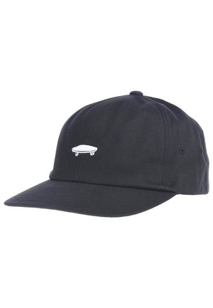 Casquette de baseball noire avec une petite icône de skateboard blanche brodée sur le panneau avant, présentée sur un fond blanc.