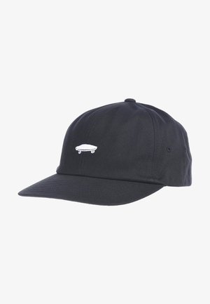 Gorra de béisbol negra con un pequeño icono bordado de skate en blanco en el panel frontal, mostrada sobre un fondo blanco.