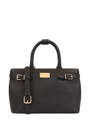 Sac à main en cuir noir avec une forme structurée, deux poignées supérieures et une bandoulière amovible. Présente des accessoires en métal doré et une plaque à l'avant.