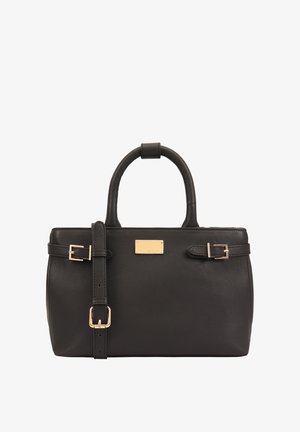 Sac à main en cuir noir avec une forme structurée, deux poignées supérieures et une bandoulière amovible. Présente des accessoires en métal doré et une plaque à l'avant.