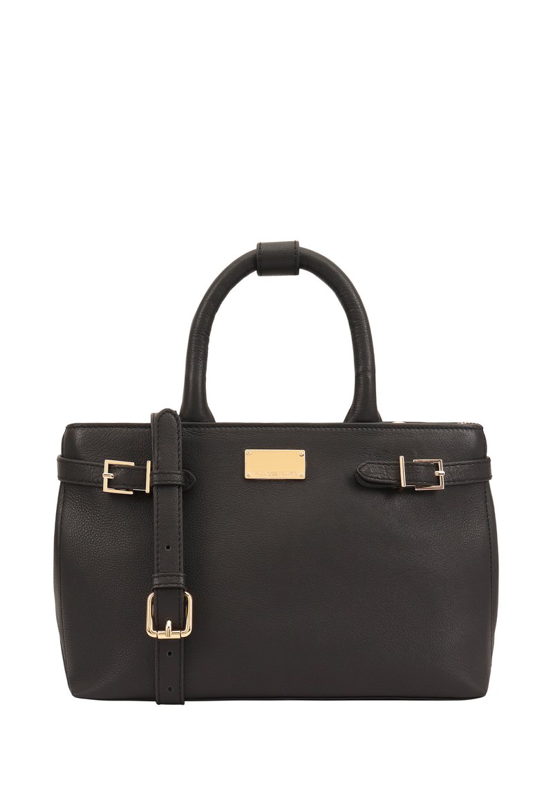 Zwarte leren handtas met een gestructureerde vorm, twee bovenhandvatten en een afneembare schouderriem. Voorzien van goudkleurige hardware en een voorplaat.