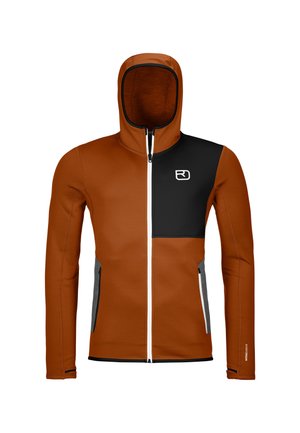 Two-tone hooded jacket in burnt orange and black, featuring a white zipper and grey accents. Smooth texture with a fitted design.