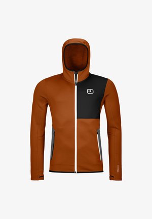 Two-tone hooded jacket in burnt orange and black, featuring a white zipper and grey accents. Smooth texture with a fitted design.