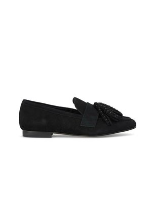 Black suede loafers with a rounded toe, featuring a decorative bow and tassel detail. Flat sole, sleek design, suitable for casual wear.