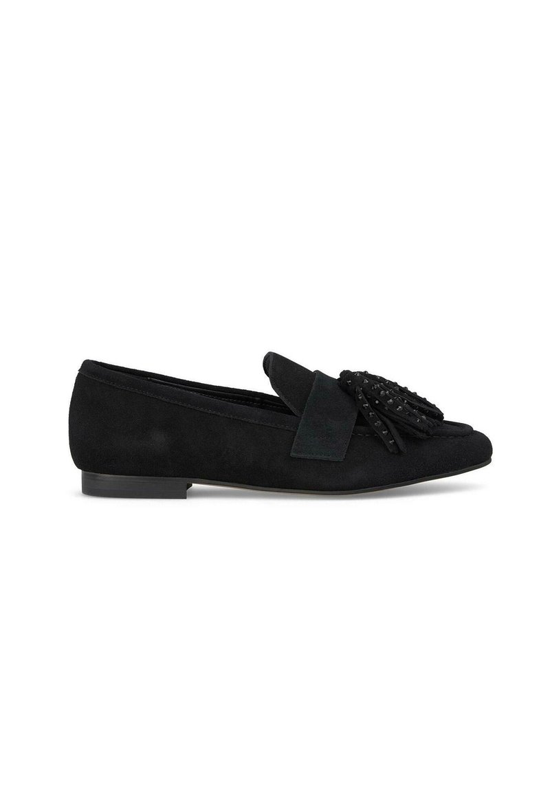 Schwarze Wildlederloafers mit runder Zehenform, die mit einer dekorativen Schleife und Quastendetails verziert sind. Flache Sohle, elegantes Design, geeignet für lässige Anlässe.