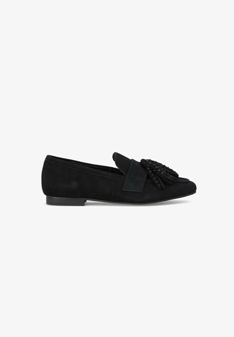 Schwarze Wildlederloafers mit runder Zehenform, die mit einer dekorativen Schleife und Quastendetails verziert sind. Flache Sohle, elegantes Design, geeignet für lässige Anlässe.
