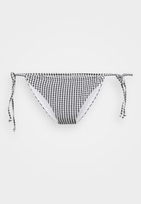 Bas de bikini en vichy noir et blanc avec des liens latéraux ajustables, texture lisse et doublure complète. Design classique de forme et de motif.
