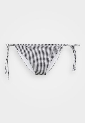 Svart-hvitt gingham bikini-bunn med justerbare sidesnorer, jevn tekstur og full fôr. Klassisk form og mønsterdesign.