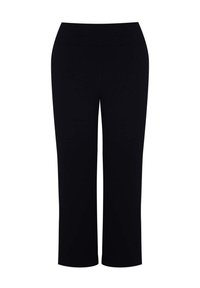 Pantaloni neri a gamba larga con vita alta, frontale piatto e orlo alla caviglia, mostrati su uno sfondo bianco.