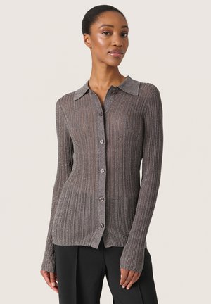 Long-sleeve ribbed cardigan in dark gray with a collared neckline and button closure, featuring a subtle metallic sheen and textured fabric.