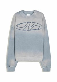 Light blue faded sweatshirt with ribbed cuffs and hem, featuring a large stylized "NY" logo embroidered on the chest.