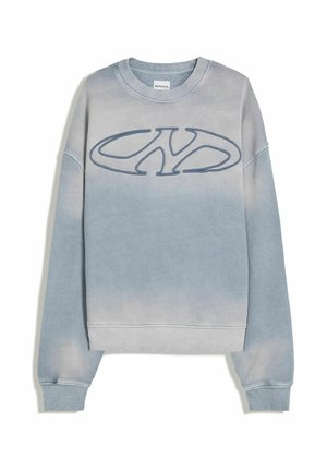 Jasnoniebieski, wyblakły sweatshirt z żebrowanymi mankietami i dole, z dużym stylizowanym logo "NY" wyszytym na piersi.