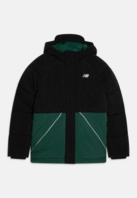 Black and dark green puffer jacket with hood, front zipper covered by flap, white piping on green pockets, and white New Balance logo on chest.