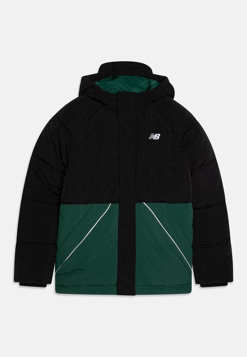 Black and dark green puffer jacket with hood, front zipper covered by flap, white piping on green pockets, and white New Balance logo on chest.