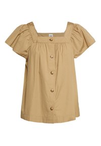 Blusa a maniche corte con scollo quadrato in cotone color sabbia, dal fit morbido, con cinque bottoni in legno sul davanti e maniche a palloncino plissettate.