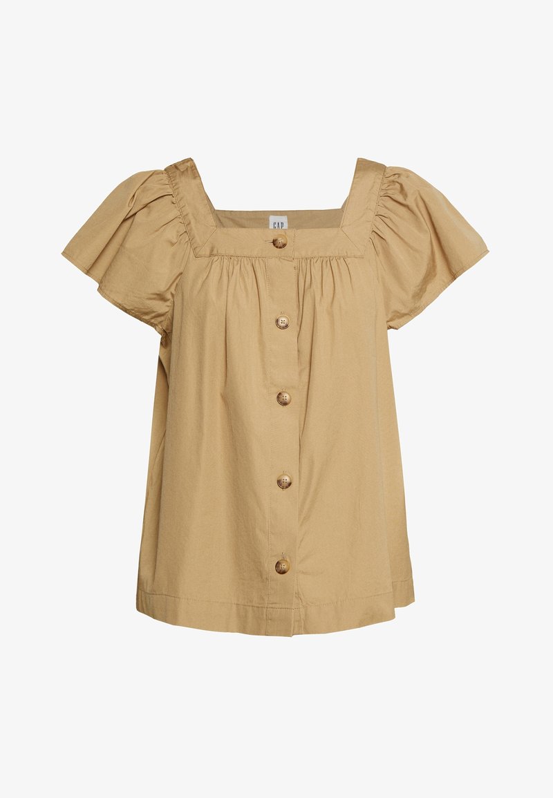 Blusa a maniche corte con scollo quadrato in cotone color sabbia, dal fit morbido, con cinque bottoni in legno sul davanti e maniche a palloncino plissettate.