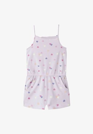 Φόρμα σε ανοιχτό μωβ χρώμα με λεπτές τιράντες, διακοσμημένη με σχέδια καρδιών σε ροζ, μωβ, κίτρινο και ροδακινί χρώμα, και δύο πλαϊνές τσέπες.