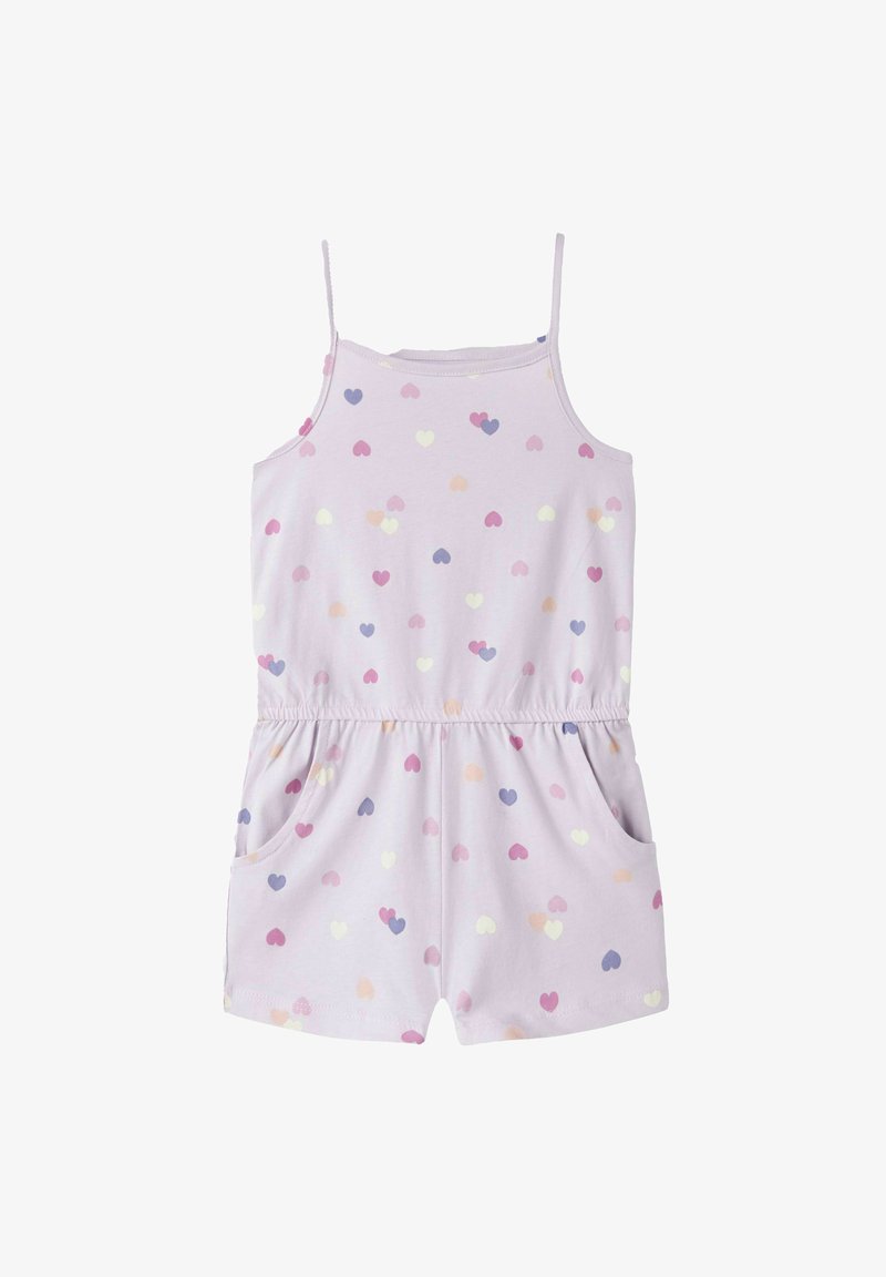 Φόρμα σε ανοιχτό μωβ χρώμα με λεπτές τιράντες, διακοσμημένη με σχέδια καρδιών σε ροζ, μωβ, κίτρινο και ροδακινί χρώμα, και δύο πλαϊνές τσέπες.