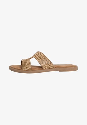 Tan slide sandals with two textured, woven straps and a flat, brown sole. Stitched detailing along straps adds a subtle accent.