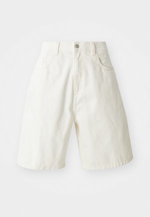 Biele džínsové šortky s uvoľneným strihom, majú pás, päť vreciek a rovné nohavice. Tkanina má jemnú štruktúru.