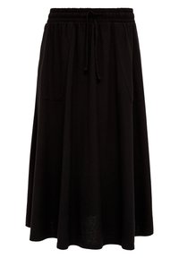 Jupe noire évasée longueur genou avec taille élastique, cordon de serrage et deux poches devant. Le tissu de la jupe semble doux et léger.
